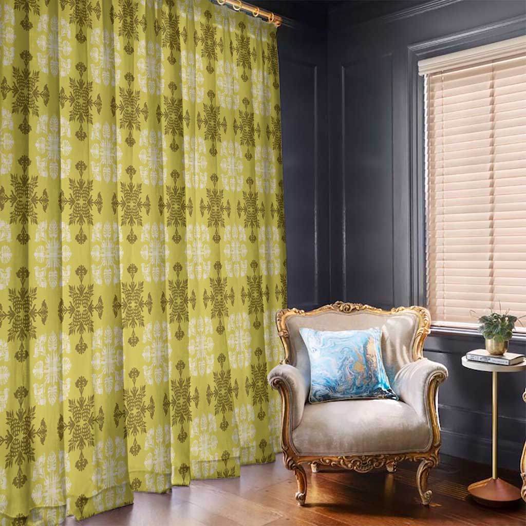 Yellow Hawaiian Quilt Window Curtain Hawaii Pineapple Monstera Palaka Motifs - Polynesian Pride