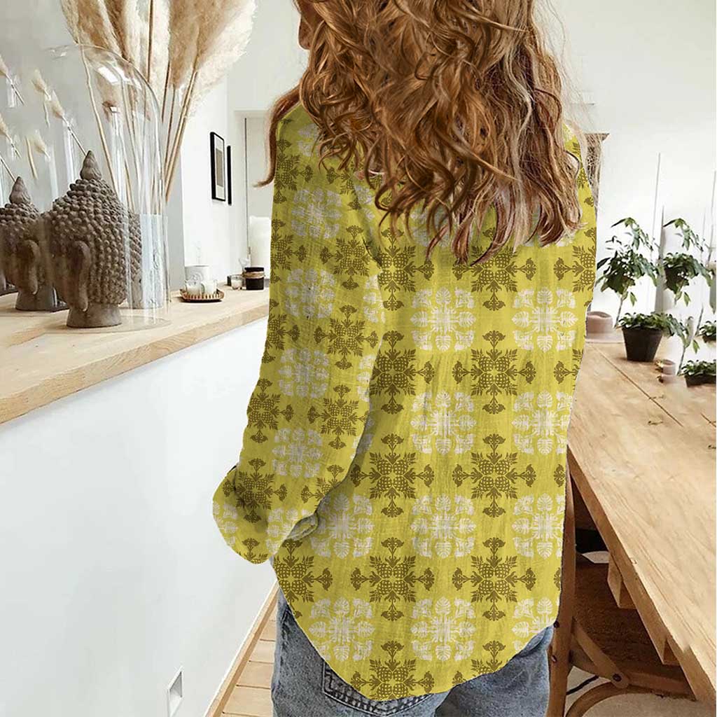 Yellow Hawaiian Quilt Women Casual Shirt Hawaii Pineapple Monstera Palaka Motifs - Polynesian Pride