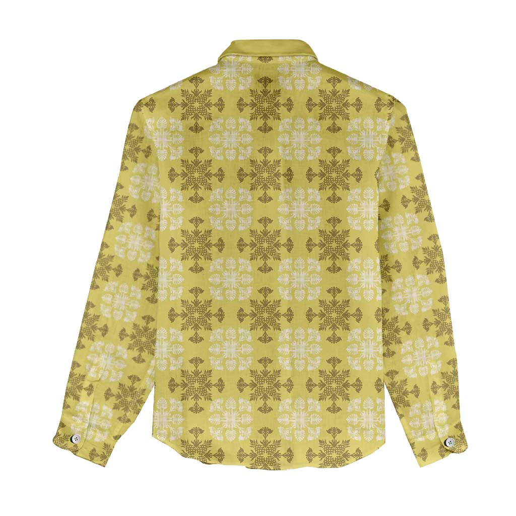 Yellow Hawaiian Quilt Women Casual Shirt Hawaii Pineapple Monstera Palaka Motifs - Polynesian Pride