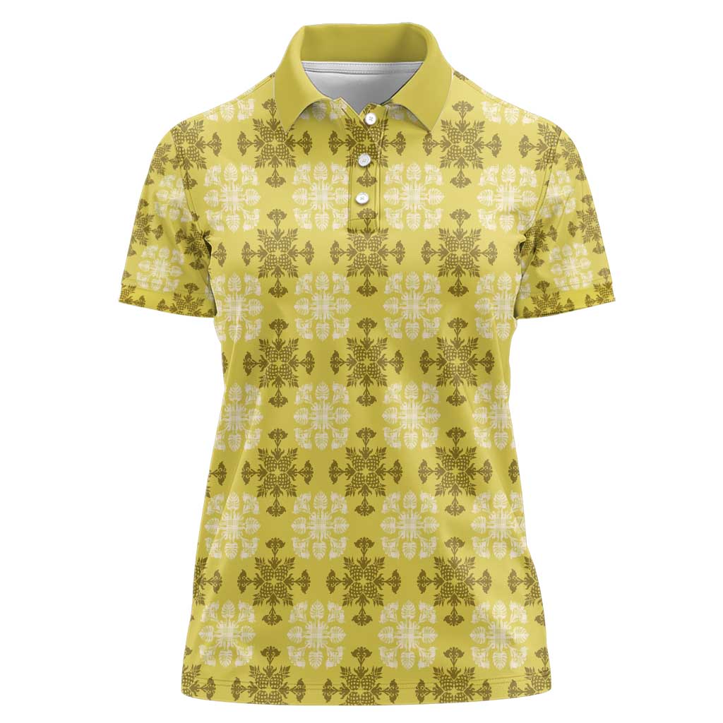 Yellow Hawaiian Quilt Women Polo Shirt Hawaii Pineapple Monstera Palaka Motifs - Polynesian Pride