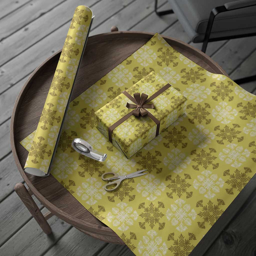 Yellow Hawaiian Quilt Wrapping Paper Hawaii Pineapple Monstera Palaka Motifs - Polynesian Pride