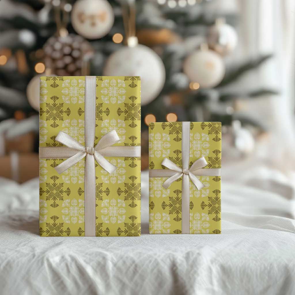 Yellow Hawaiian Quilt Wrapping Paper Hawaii Pineapple Monstera Palaka Motifs - Polynesian Pride