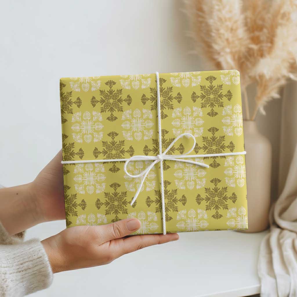 Yellow Hawaiian Quilt Wrapping Paper Hawaii Pineapple Monstera Palaka Motifs - Polynesian Pride