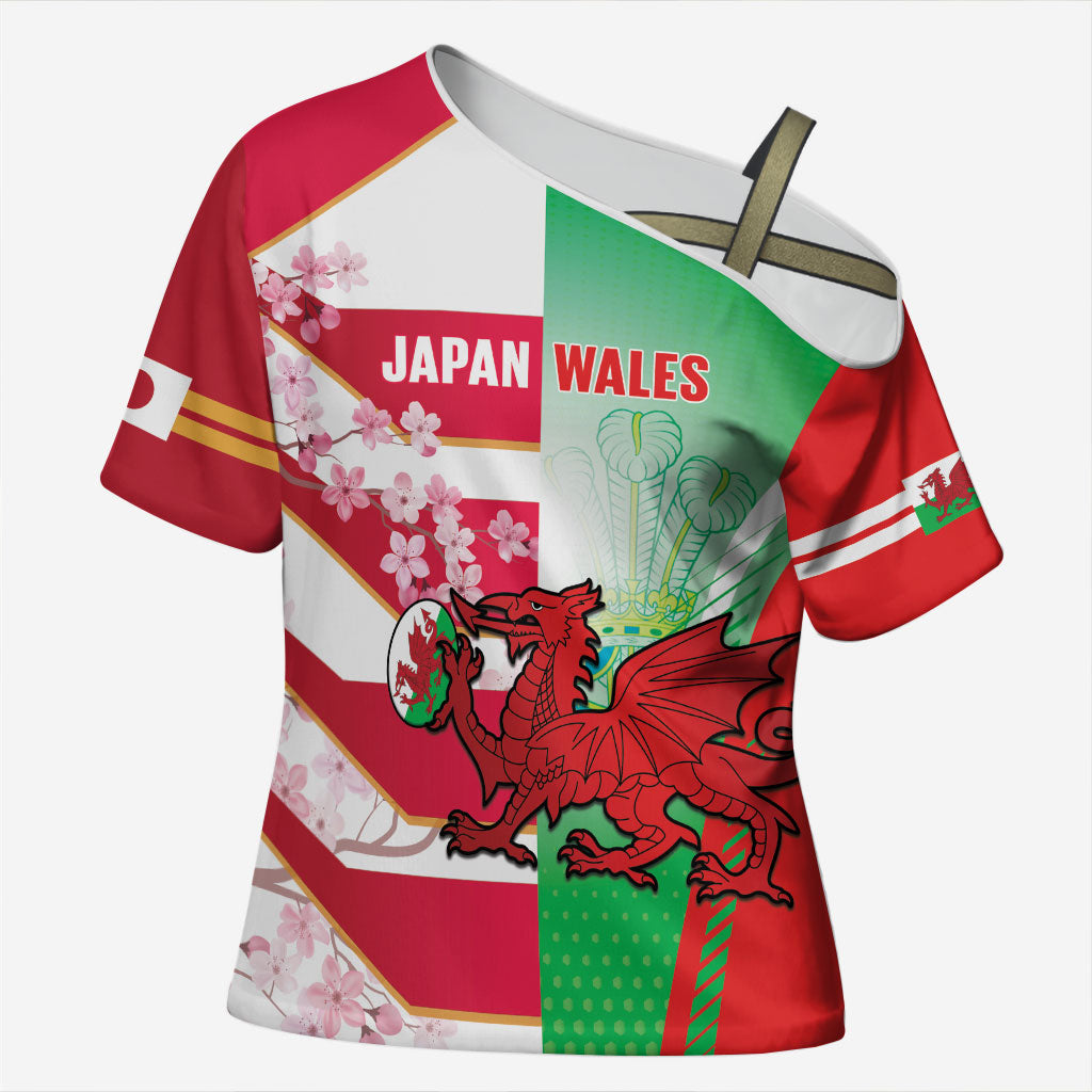 Japan and Wales Rugby Custom Cross Shoulder Shirt Brave Blossoms Welsh Dragon Together LT14 Female Red - Polynesian Pride