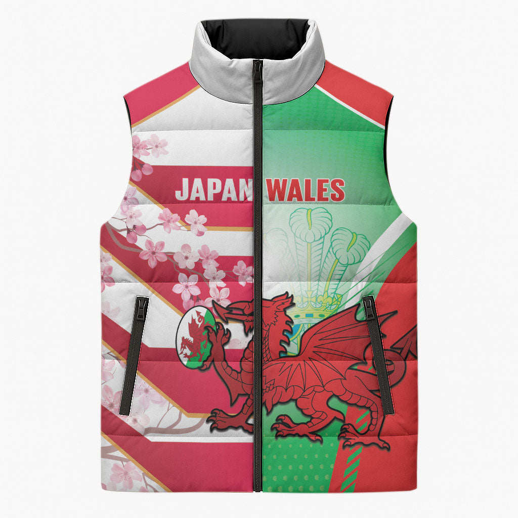 Japan and Wales Rugby Custom Sleeveless Puffer Jacket Brave Blossoms Welsh Dragon Together