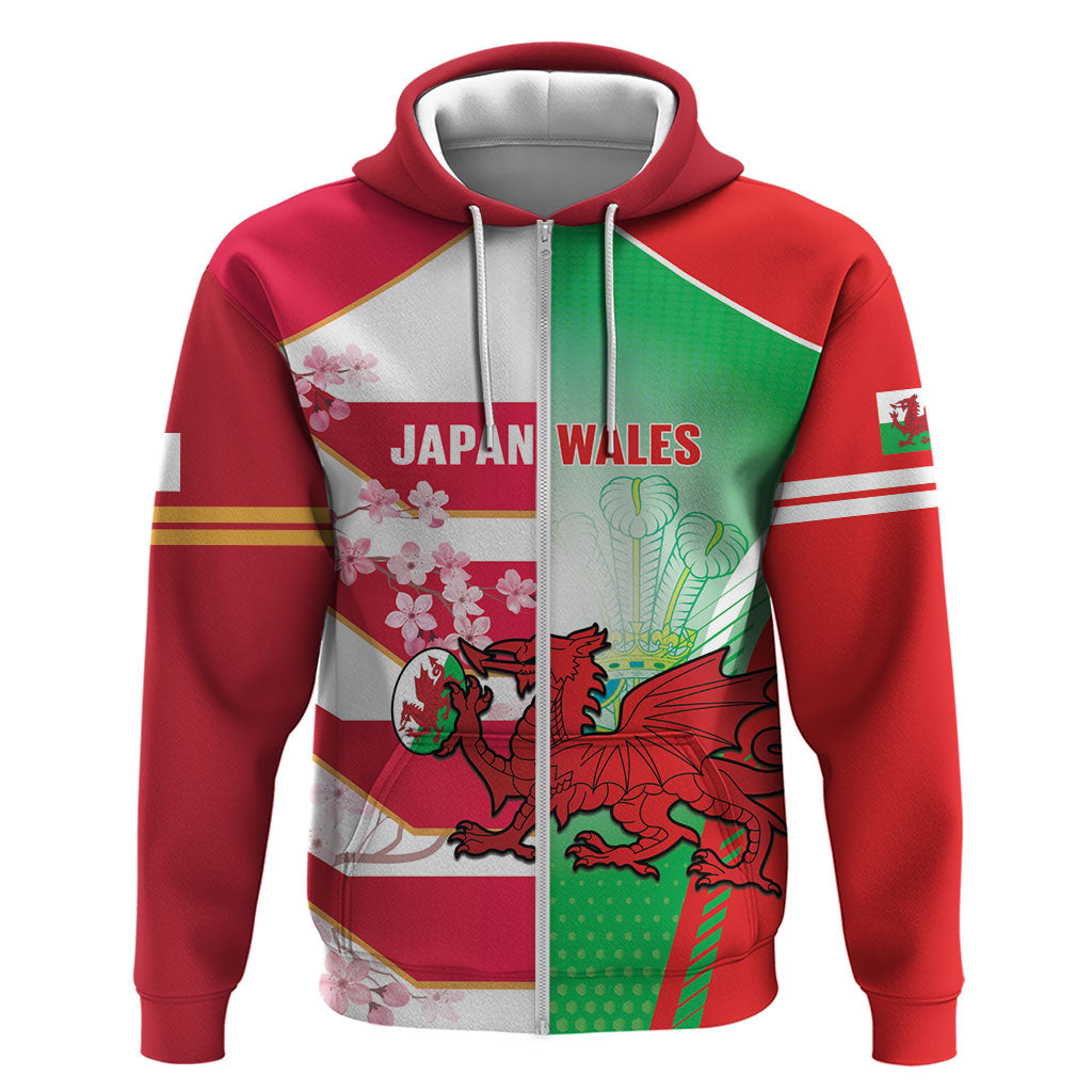 Japan and Wales Rugby Custom Zip Hoodie Brave Blossoms Welsh Dragon Together LT14 Zip Hoodie Red - Polynesian Pride