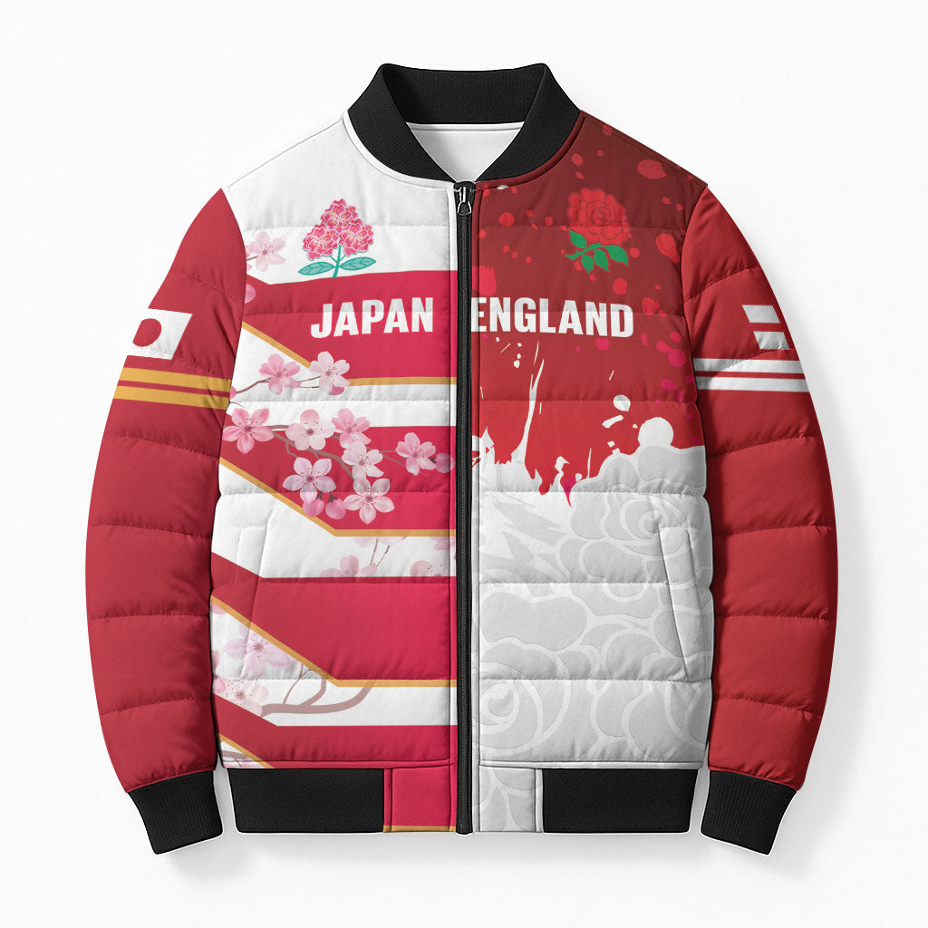 Japan and England Rugby Custom Bomber Puffer Jacket Brave Blossoms Red Roses Together LT14 Unisex Red - Polynesian Pride