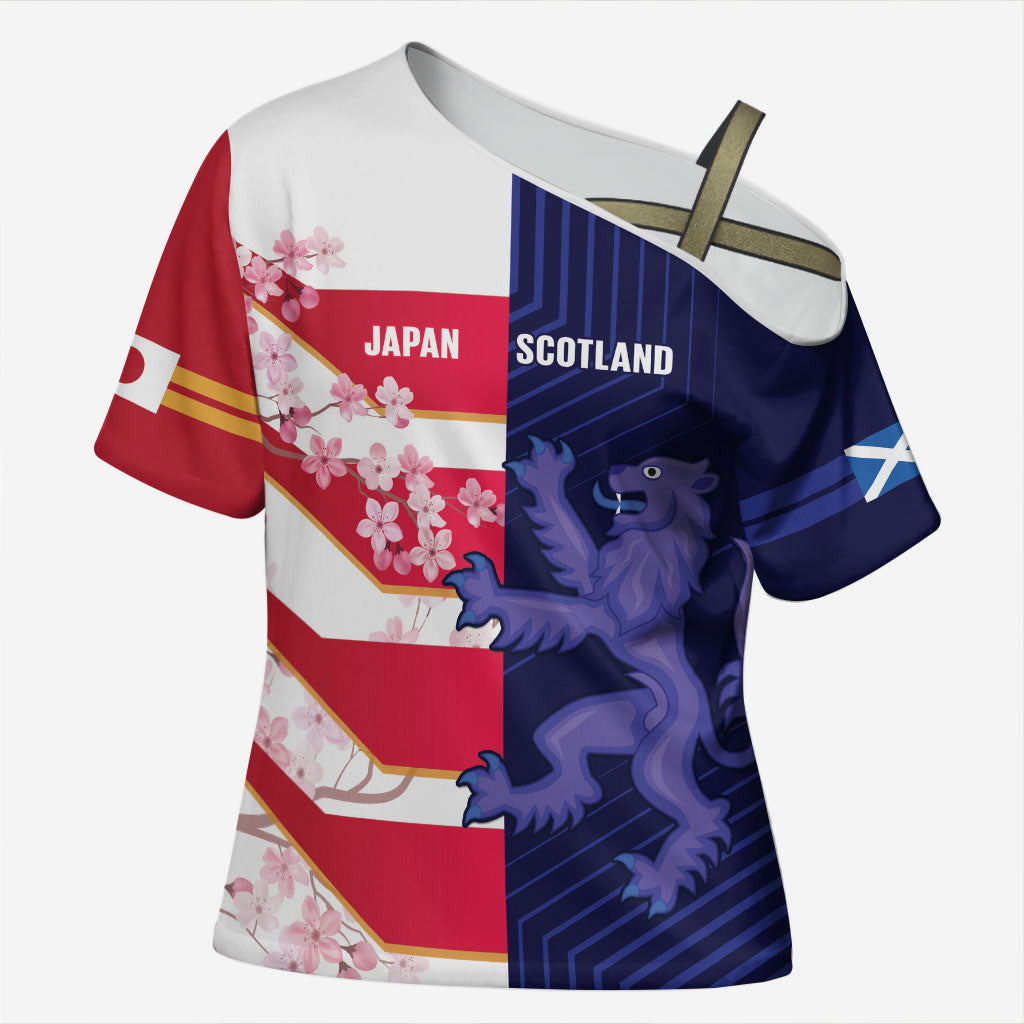 Japan and Scotland Rugby Custom Cross Shoulder Shirt Brave Blossoms Scottish Thistle Together LT14 Female Multicolor - Polynesian Pride