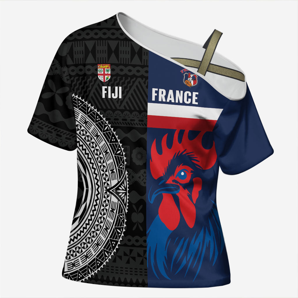 Fiji and France Rugby Custom Cross Shoulder Shirt Flying Fijian Les Bleus Together LT14 Female Multicolor - Polynesian Pride
