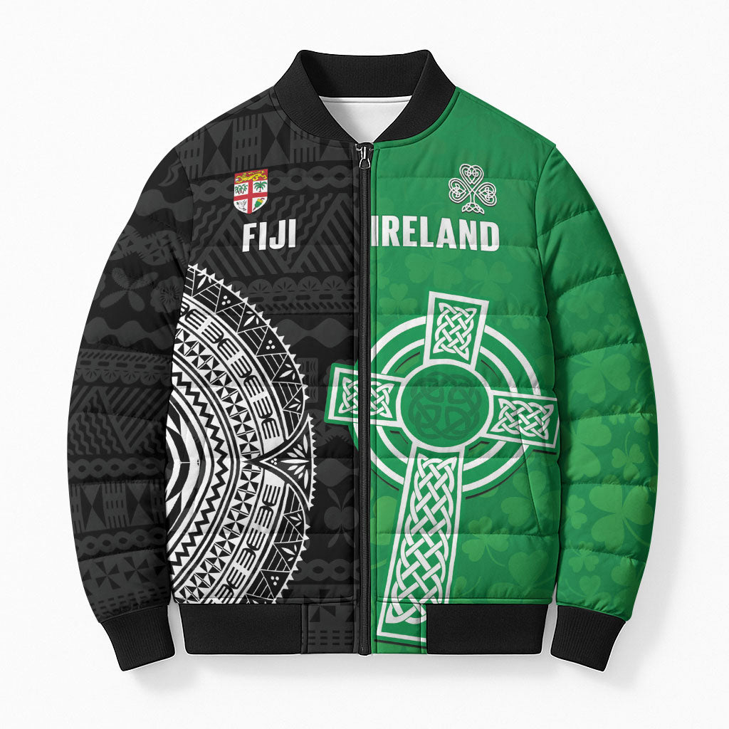 Fiji and Ireland Rugby Custom Bomber Puffer Jacket Flying Fijian Irish Shamrocks Together