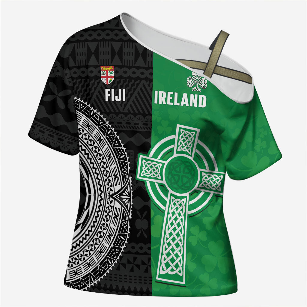 Fiji and Ireland Rugby Custom Cross Shoulder Shirt Flying Fijian Irish Shamrocks Together LT14 Female Multicolor - Polynesian Pride