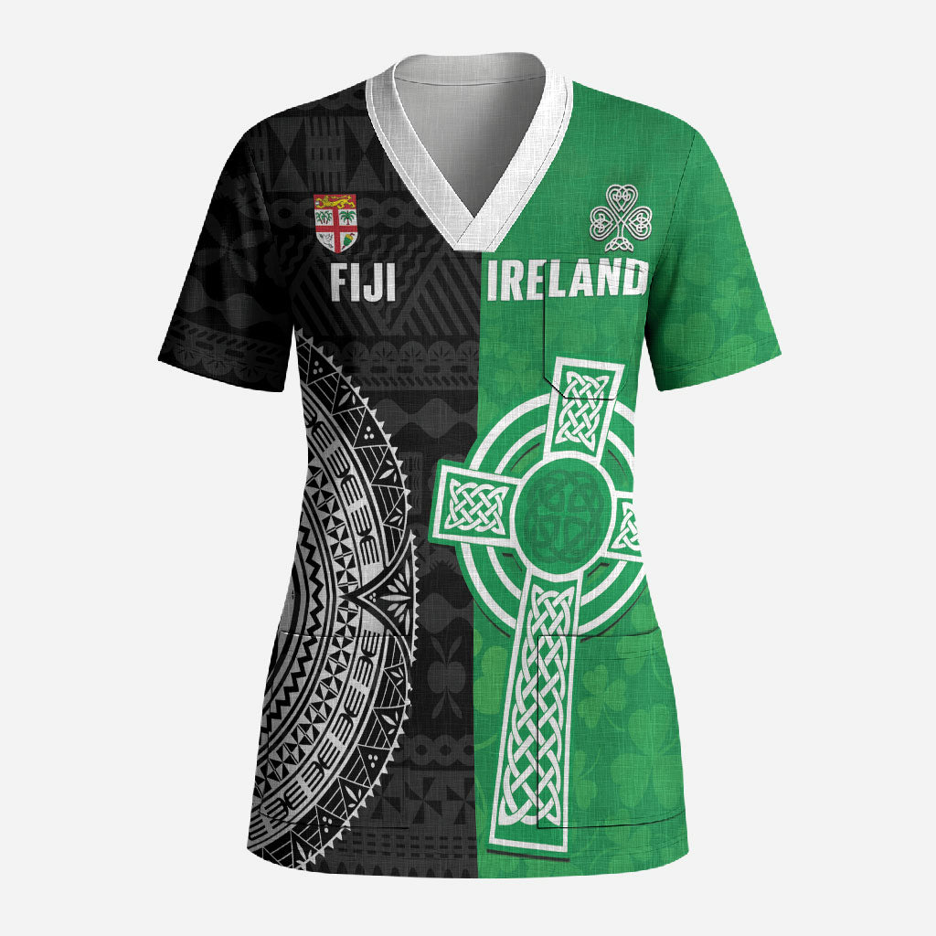 Fiji and Ireland Rugby Custom Scrub Top Flying Fijian Irish Shamrocks Together