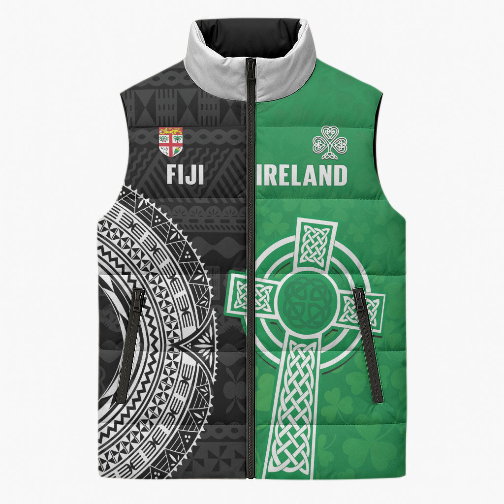 Fiji and Ireland Rugby Custom Sleeveless Puffer Jacket Flying Fijian Irish Shamrocks Together LT14 Unisex Multicolor - Polynesian Pride