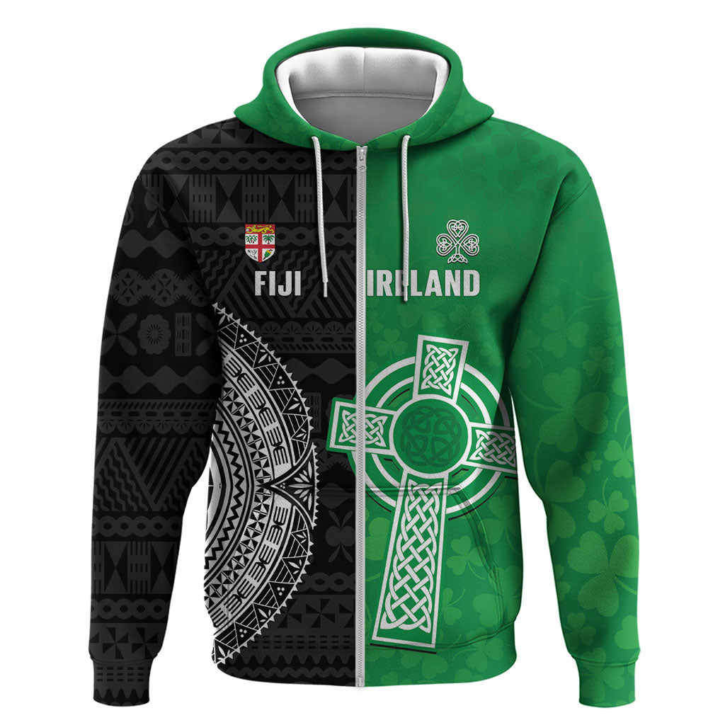 Fiji and Ireland Rugby Custom Zip Hoodie Flying Fijian Irish Shamrocks Together