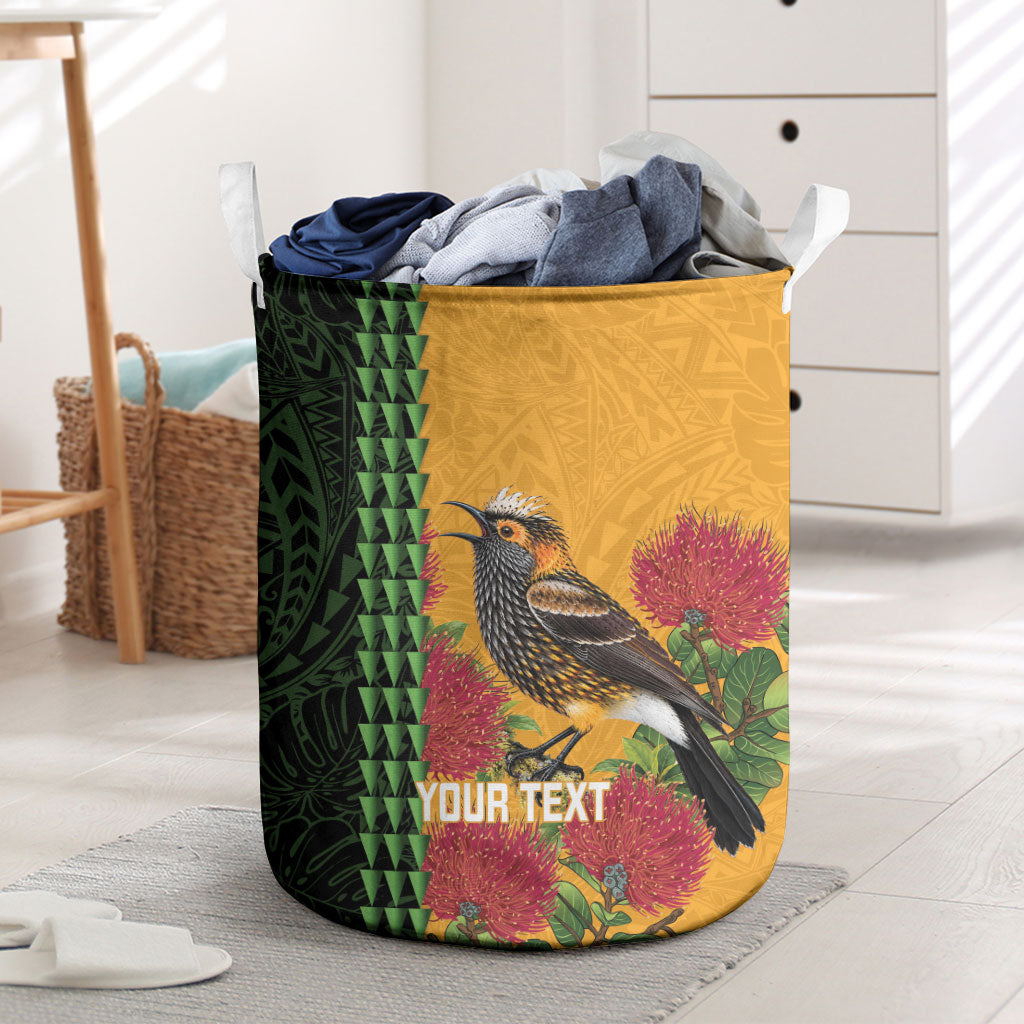 Personalized Hawaii Akohekohe Ohia Lehua Laundry Basket Crested Honeycreeper Kakau Hawaiian Pattern LT14 Orange - Polynesian Pride
