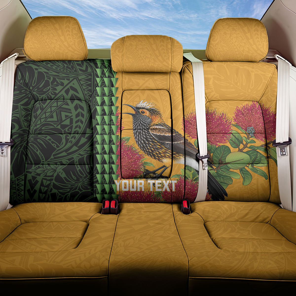 Personalized Hawaii Akohekohe Ohia Lehua Back Car Seat Cover Crested Honeycreeper Kakau Hawaiian Pattern LT14 One Size Orange - Polynesian Pride