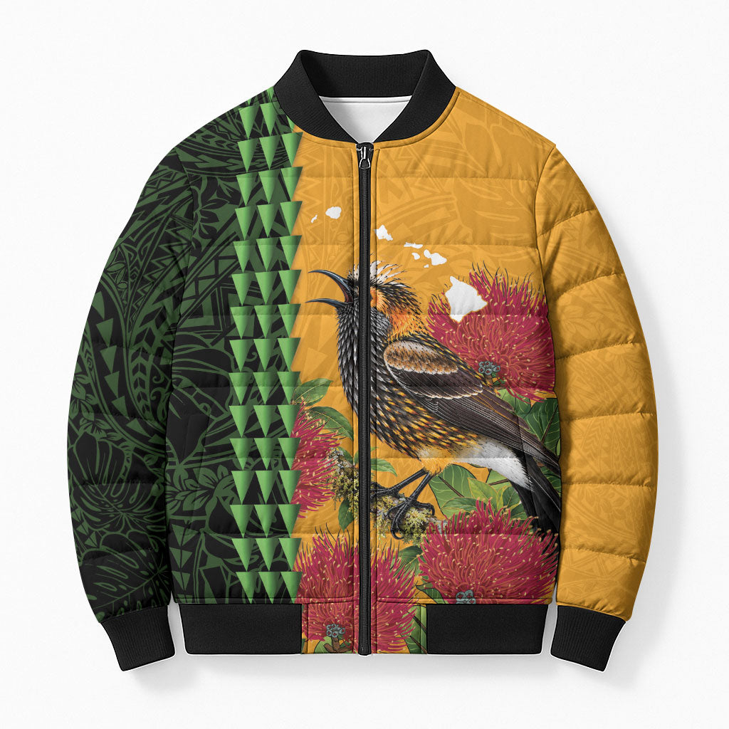 Personalized Hawaii Akohekohe Ohia Lehua Bomber Puffer Jacket Crested Honeycreeper Kakau Hawaiian Pattern