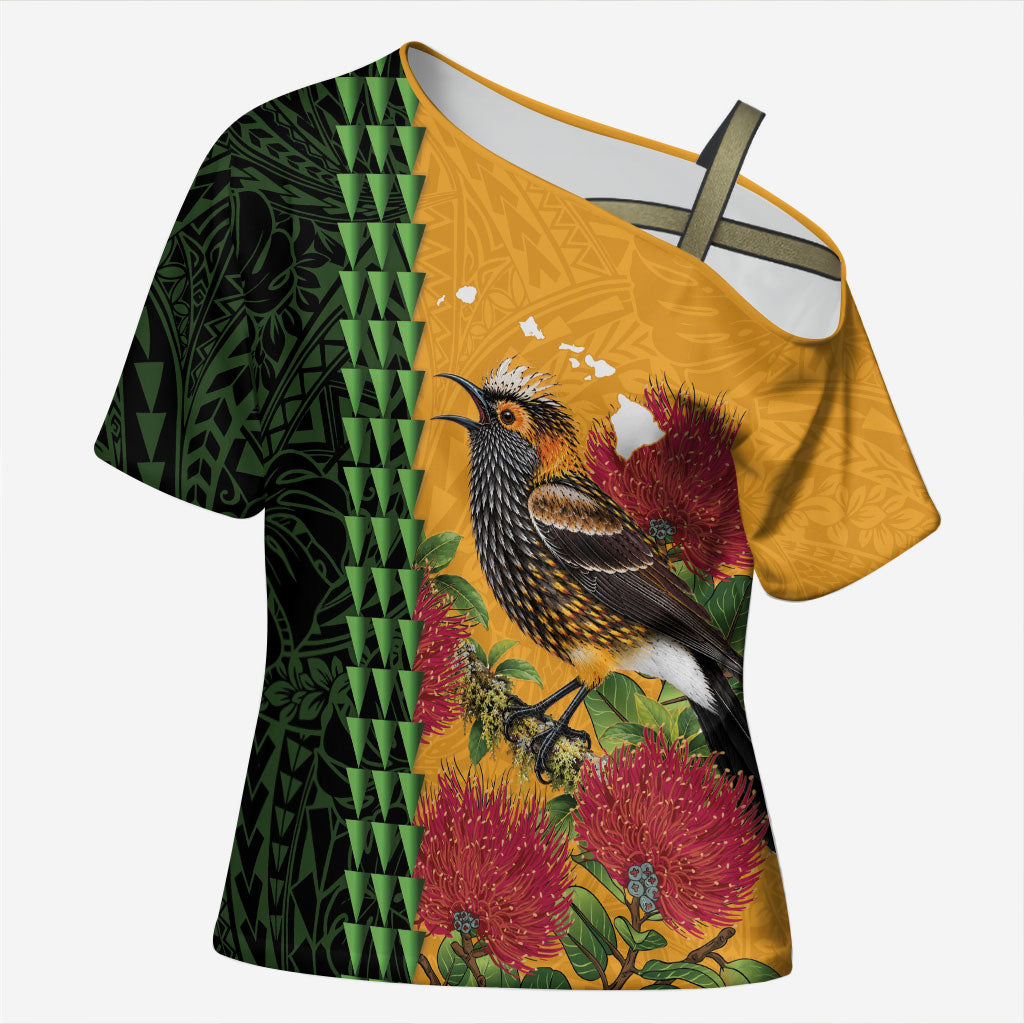 Personalized Hawaii Akohekohe Ohia Lehua Cross Shoulder Shirt Crested Honeycreeper Kakau Hawaiian Pattern LT14 Female Orange - Polynesian Pride