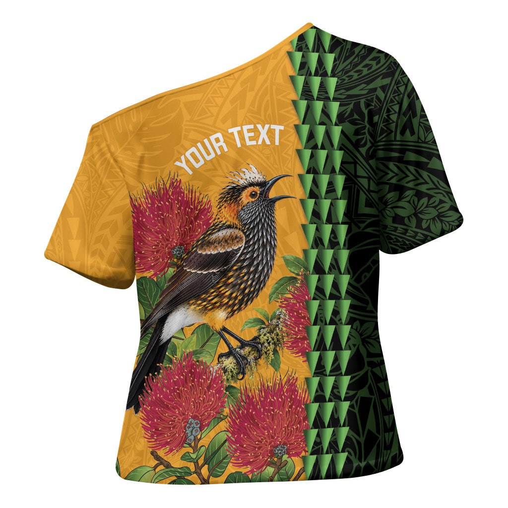 Personalized Hawaii Akohekohe Ohia Lehua Cross Shoulder Shirt Crested Honeycreeper Kakau Hawaiian Pattern LT14 - Polynesian Pride