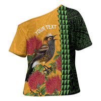 Personalized Hawaii Akohekohe Ohia Lehua Cross Shoulder Shirt Crested Honeycreeper Kakau Hawaiian Pattern LT14 - Polynesian Pride