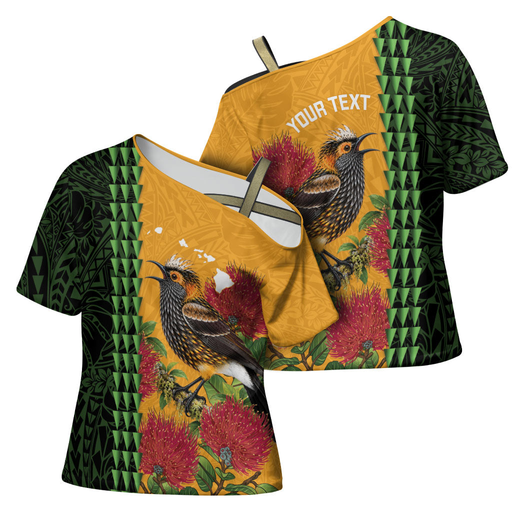 Personalized Hawaii Akohekohe Ohia Lehua Cross Shoulder Shirt Crested Honeycreeper Kakau Hawaiian Pattern LT14 - Polynesian Pride