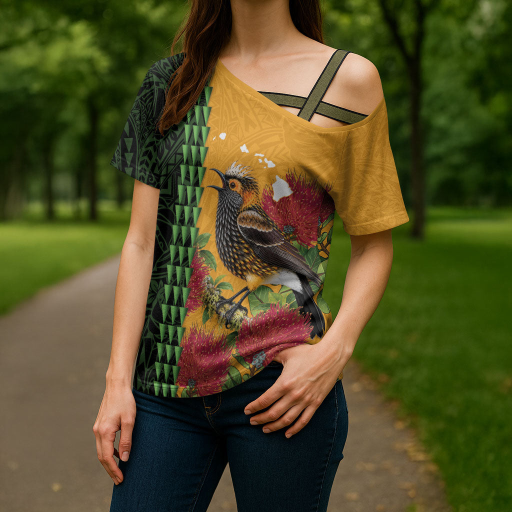 Personalized Hawaii Akohekohe Ohia Lehua Cross Shoulder Shirt Crested Honeycreeper Kakau Hawaiian Pattern LT14 - Polynesian Pride