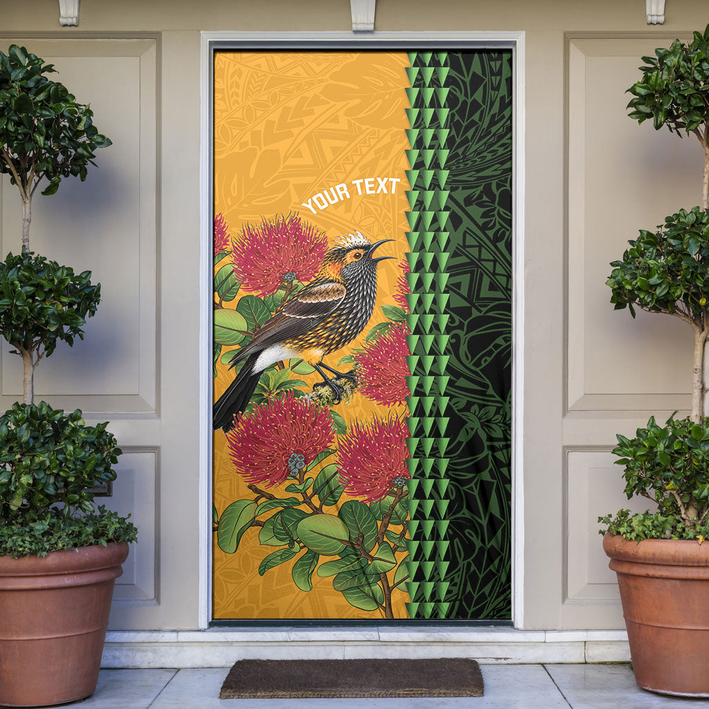 Personalized Hawaii Akohekohe Ohia Lehua Door Cover Crested Honeycreeper Kakau Hawaiian Pattern LT14 Orange - Polynesian Pride