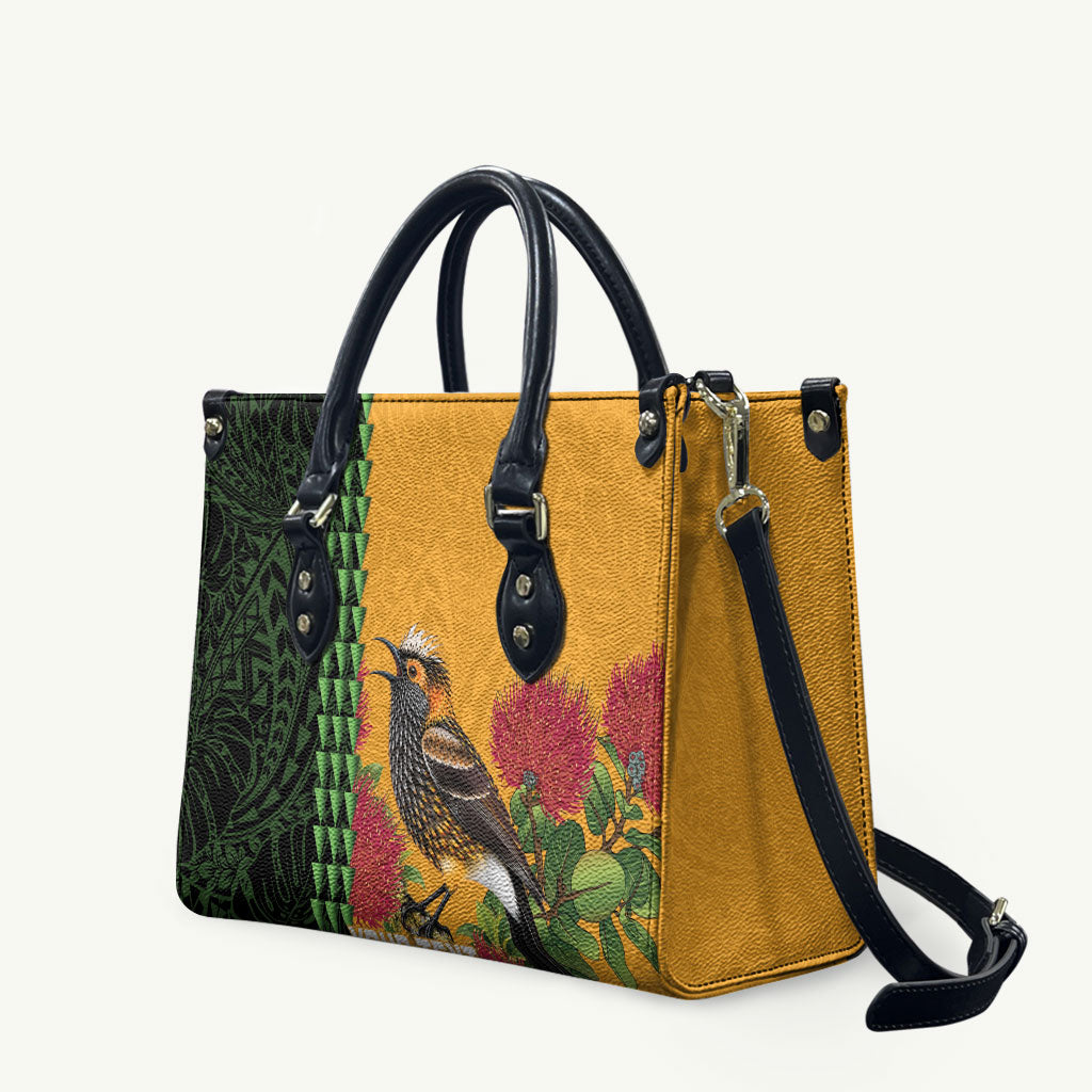 Personalized Hawaii Akohekohe Ohia Lehua Leather Bag Crested Honeycreeper Kakau Hawaiian Pattern LT14 Orange - Polynesian Pride