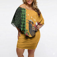 Personalized Hawaii Akohekohe Ohia Lehua Off Shoulder Short Dress Crested Honeycreeper Kakau Hawaiian Pattern LT14 Women Orange - Polynesian Pride