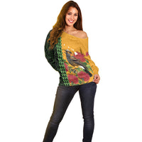 Personalized Hawaii Akohekohe Ohia Lehua Off Shoulder Sweater Crested Honeycreeper Kakau Hawaiian Pattern LT14 - Polynesian Pride