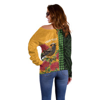 Personalized Hawaii Akohekohe Ohia Lehua Off Shoulder Sweater Crested Honeycreeper Kakau Hawaiian Pattern LT14 - Polynesian Pride
