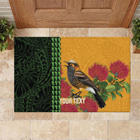 Personalized Hawaii Akohekohe Ohia Lehua Rubber Doormat Crested Honeycreeper Kakau Hawaiian Pattern LT14 Orange - Polynesian Pride
