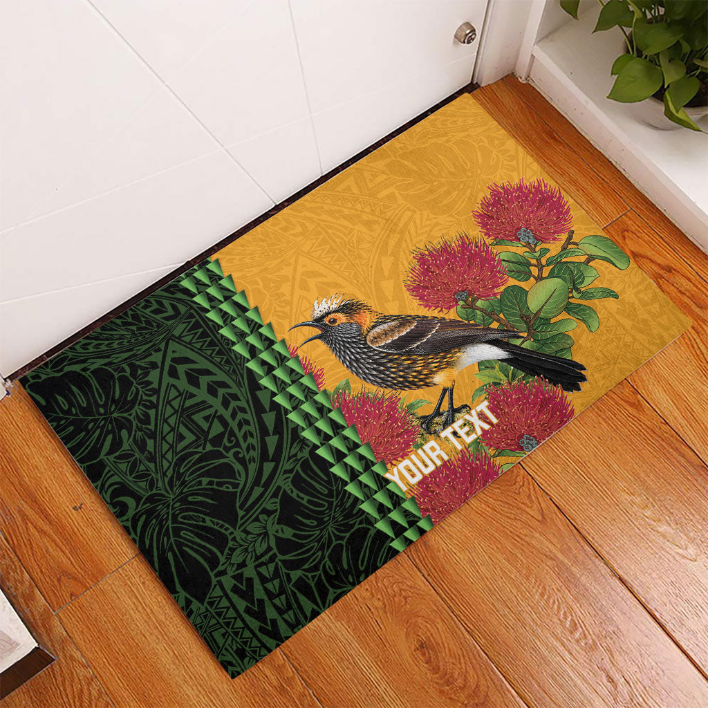 Personalized Hawaii Akohekohe Ohia Lehua Rubber Doormat Crested Honeycreeper Kakau Hawaiian Pattern LT14 - Polynesian Pride