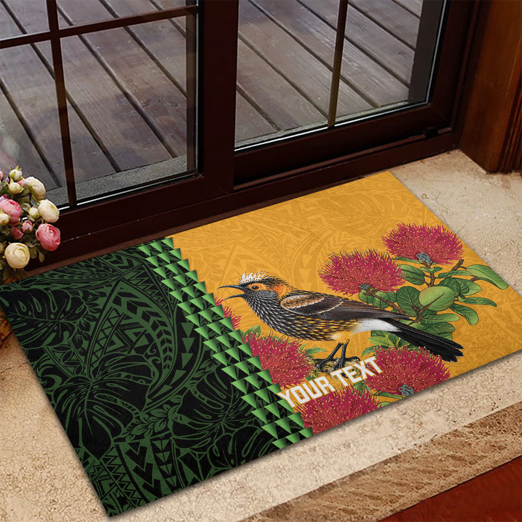 Personalized Hawaii Akohekohe Ohia Lehua Rubber Doormat Crested Honeycreeper Kakau Hawaiian Pattern LT14 - Polynesian Pride