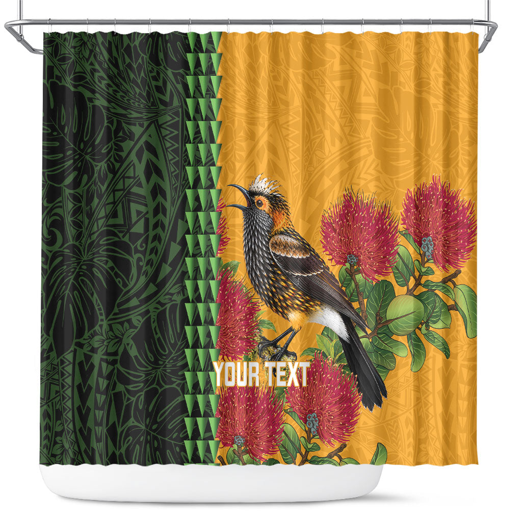 Personalized Hawaii Akohekohe Ohia Lehua Shower Curtain Crested Honeycreeper Kakau Hawaiian Pattern LT14 Orange - Polynesian Pride