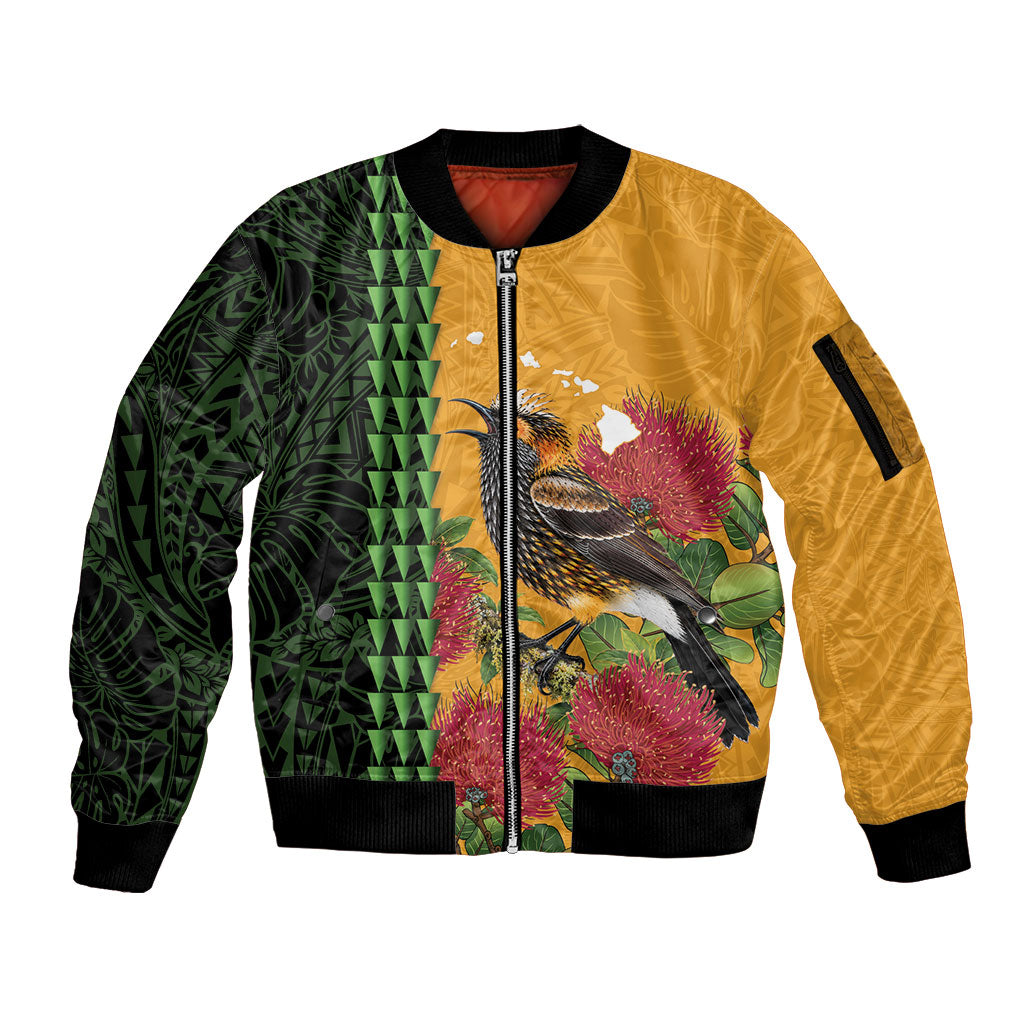 Personalized Hawaii Akohekohe Ohia Lehua Sleeve Zip Bomber Jacket Crested Honeycreeper Kakau Hawaiian Pattern LT14 Unisex Orange - Polynesian Pride