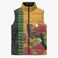 Personalized Hawaii Akohekohe Ohia Lehua Sleeveless Puffer Jacket Crested Honeycreeper Kakau Hawaiian Pattern LT14 Unisex Orange - Polynesian Pride