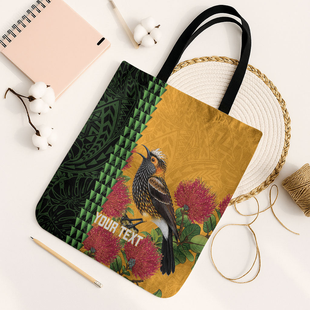 Personalized Hawaii Akohekohe Ohia Lehua Tote Bag Crested Honeycreeper Kakau Hawaiian Pattern LT14 Black Strap One Size Orange - Polynesian Pride