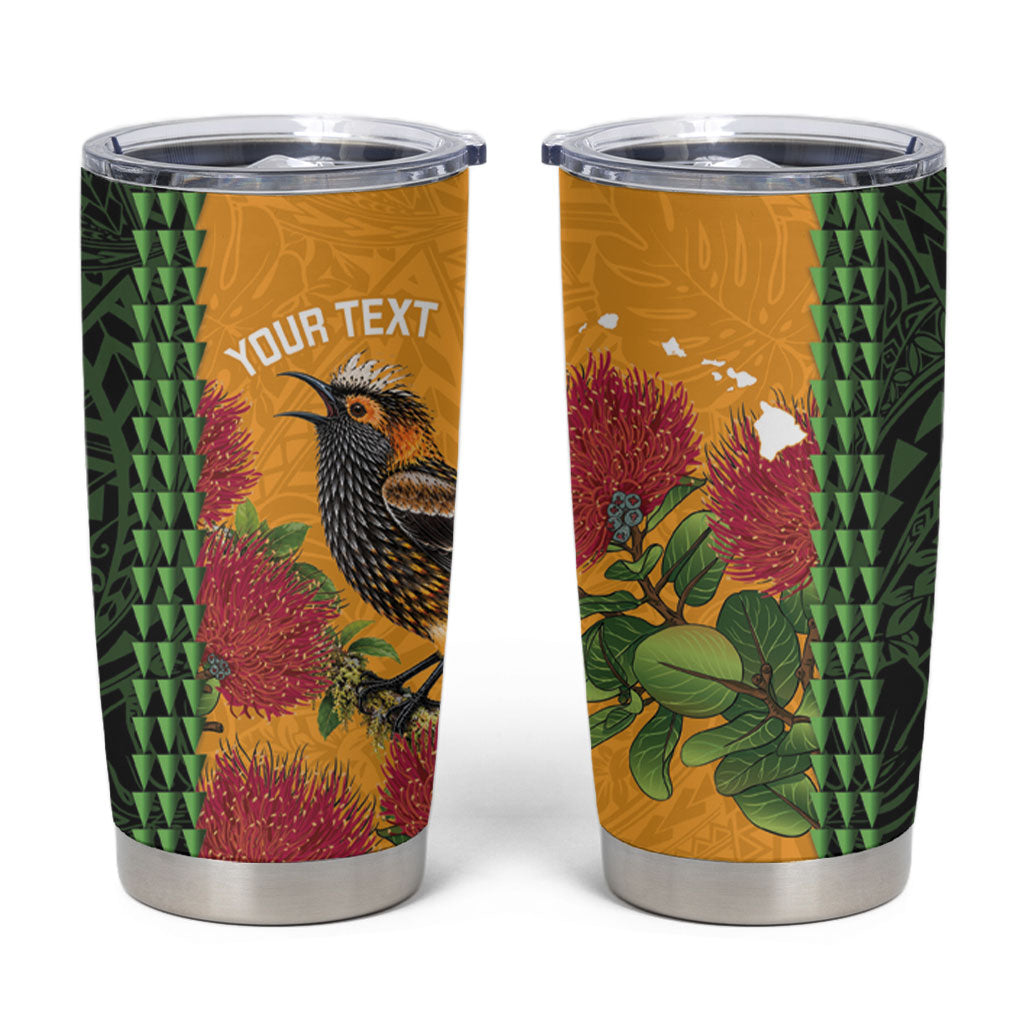Personalized Hawaii Akohekohe Ohia Lehua Tumbler Cup Crested Honeycreeper Kakau Hawaiian Pattern LT14 Orange - Polynesian Pride