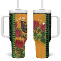 Personalized Hawaii Akohekohe Ohia Lehua Tumbler With Handle Crested Honeycreeper Kakau Hawaiian Pattern LT14 One Size: 40 oz Orange - Polynesian Pride