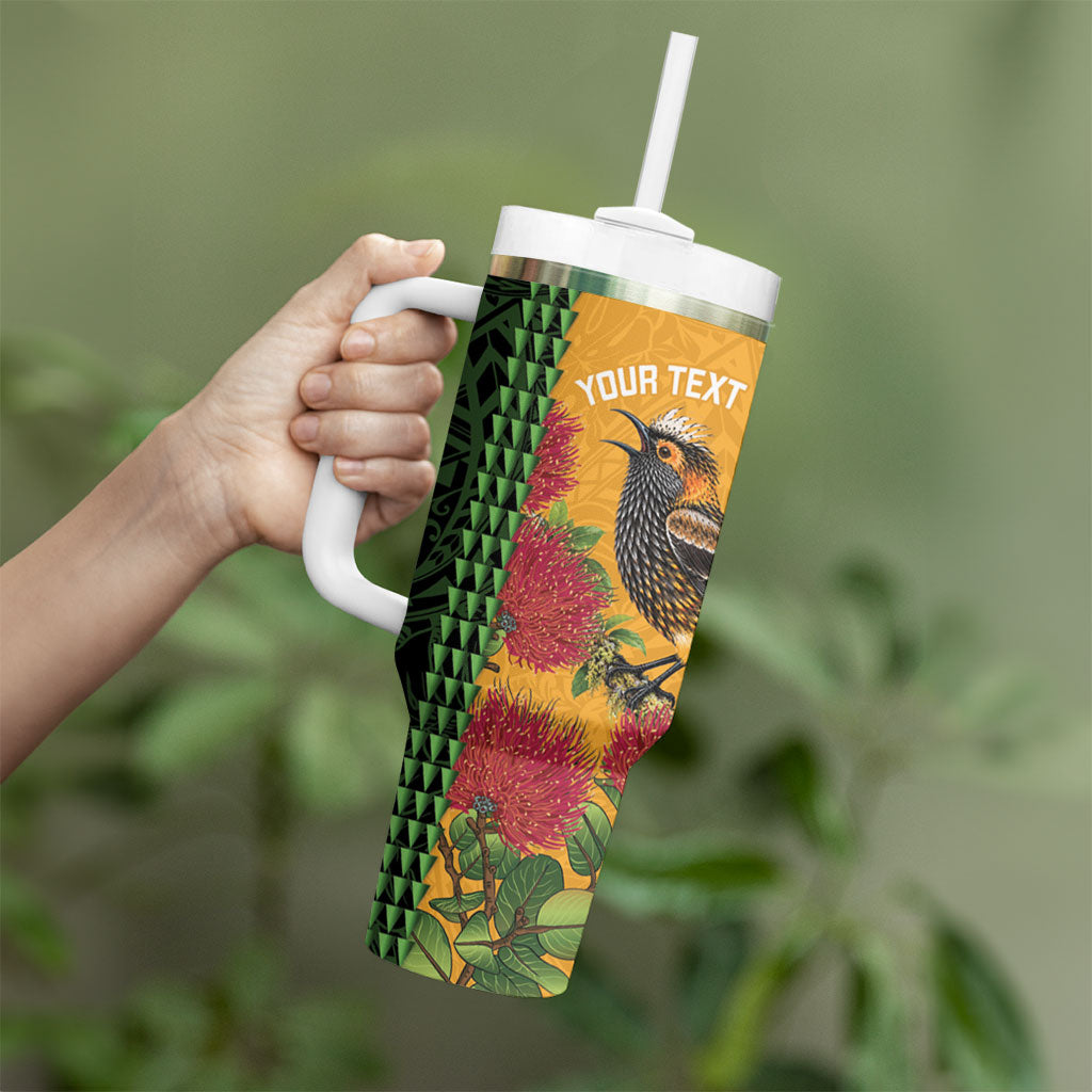 Personalized Hawaii Akohekohe Ohia Lehua Tumbler With Handle Crested Honeycreeper Kakau Hawaiian Pattern LT14 - Polynesian Pride