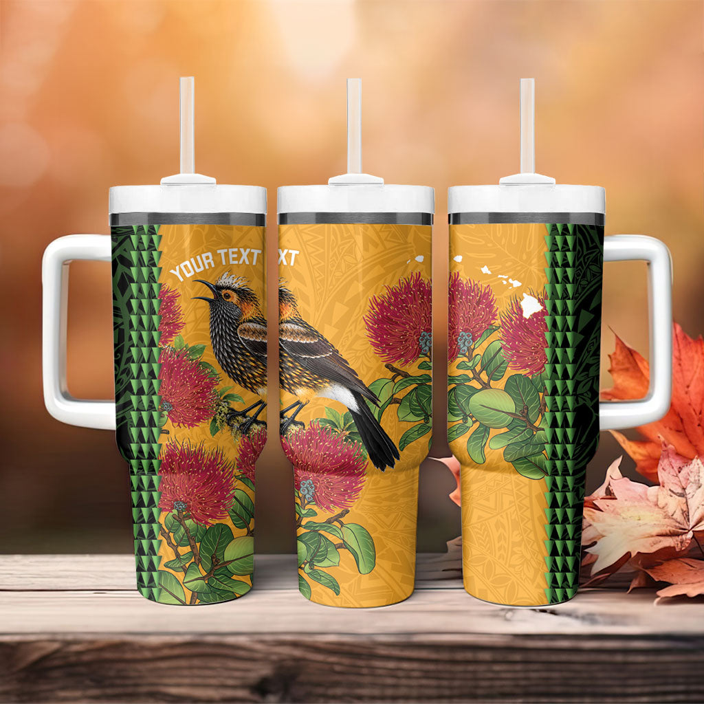 Personalized Hawaii Akohekohe Ohia Lehua Tumbler With Handle Crested Honeycreeper Kakau Hawaiian Pattern LT14 - Polynesian Pride