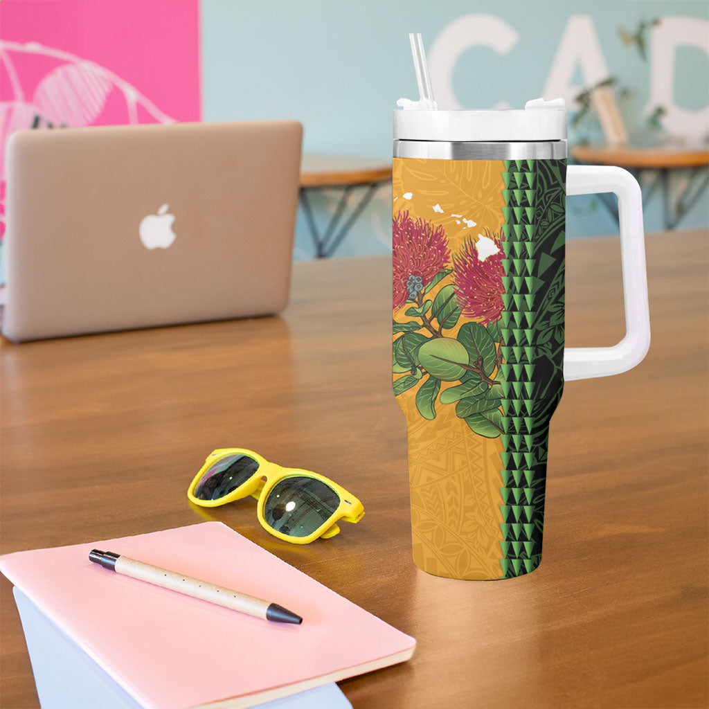 Personalized Hawaii Akohekohe Ohia Lehua Tumbler With Handle Crested Honeycreeper Kakau Hawaiian Pattern LT14 - Polynesian Pride