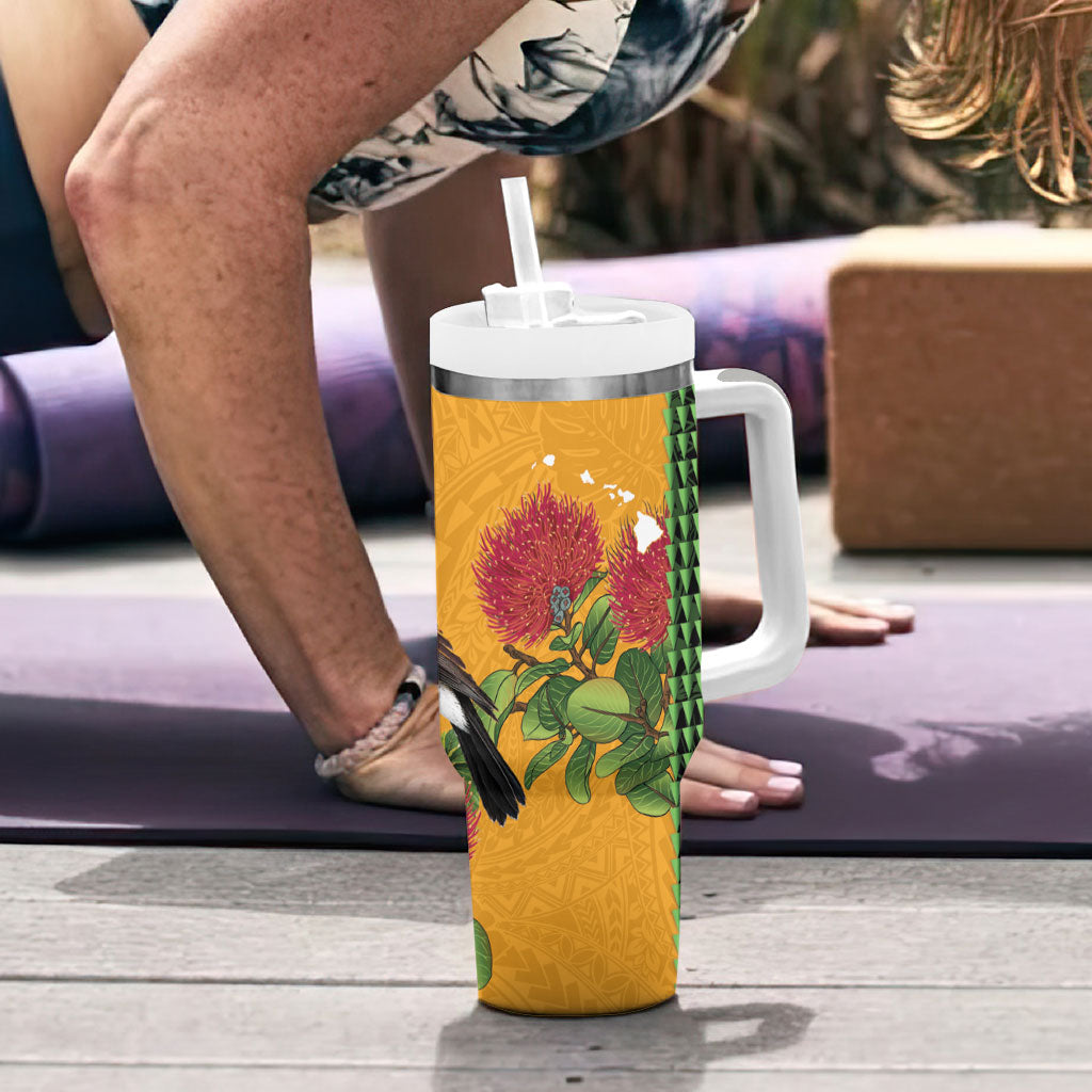 Personalized Hawaii Akohekohe Ohia Lehua Tumbler With Handle Crested Honeycreeper Kakau Hawaiian Pattern LT14 - Polynesian Pride