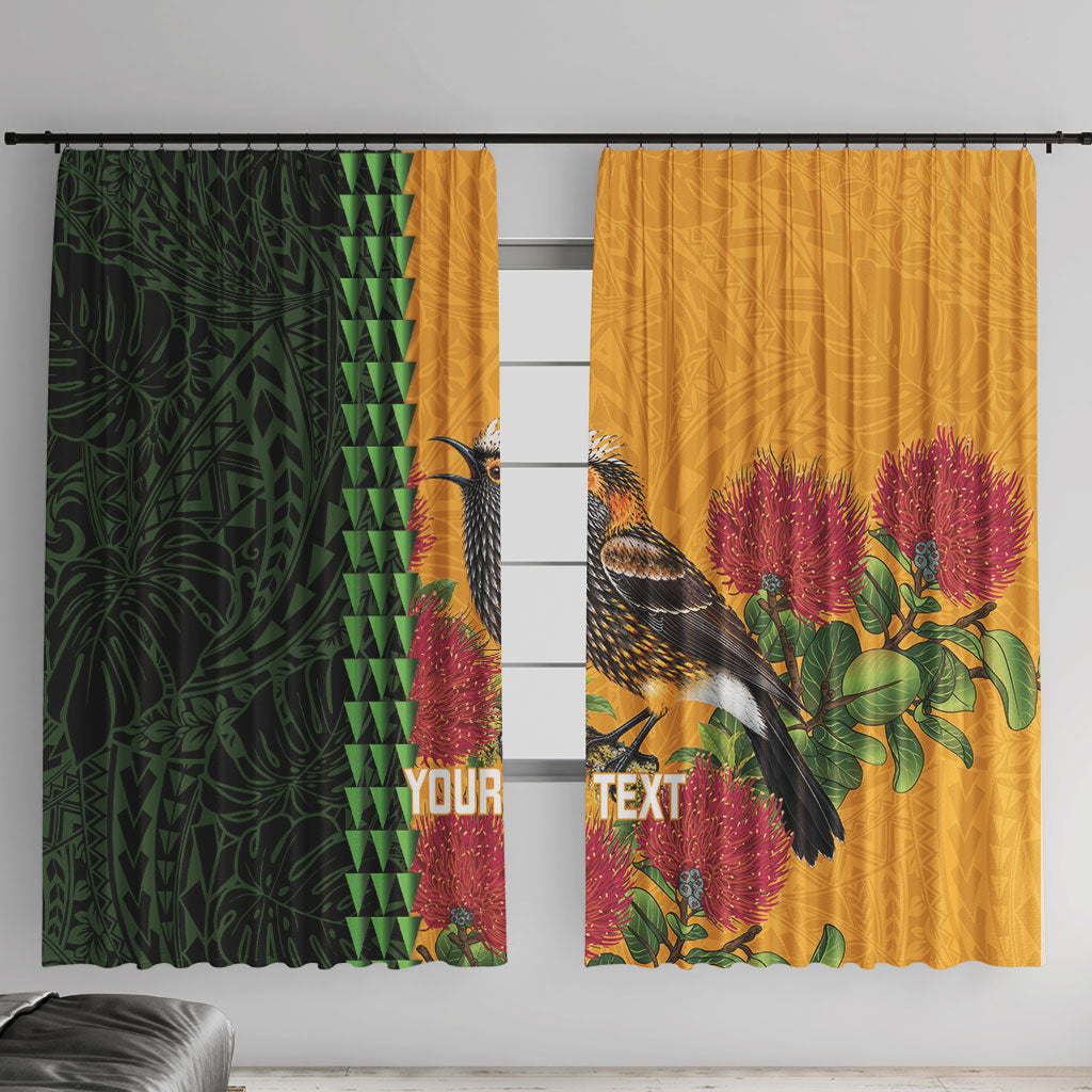 Personalized Hawaii Akohekohe Ohia Lehua Window Curtain Crested Honeycreeper Kakau Hawaiian Pattern LT14 With Hooks Orange - Polynesian Pride