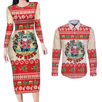 Mele Kalikimaka Hawaii Couples Matching Long Sleeve Bodycon Dress and Long Sleeve Button Shirt Funny Beer-Loving Santa Hawaiian Tropical LT14 Red - Polynesian Pride