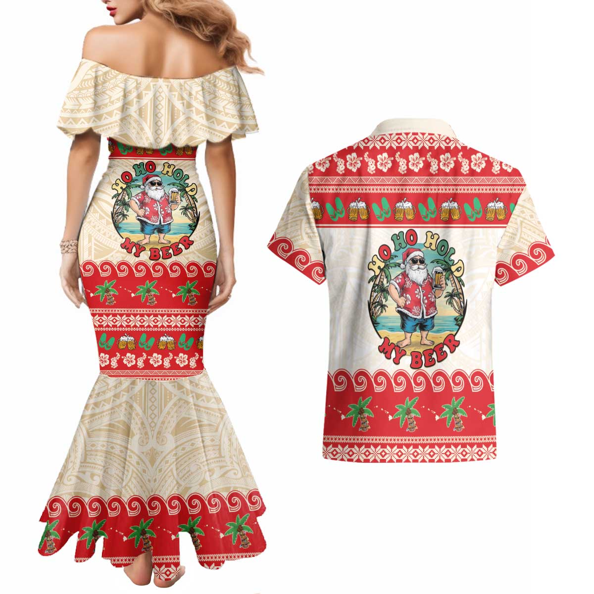 Mele Kalikimaka Hawaii Couples Matching Mermaid Dress and Hawaiian Shirt Funny Beer-Loving Santa Hawaiian Tropical LT14 - Polynesian Pride