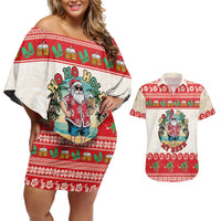 Mele Kalikimaka Hawaii Couples Matching Off Shoulder Short Dress and Hawaiian Shirt Funny Beer-Loving Santa Hawaiian Tropical LT14 Red - Polynesian Pride