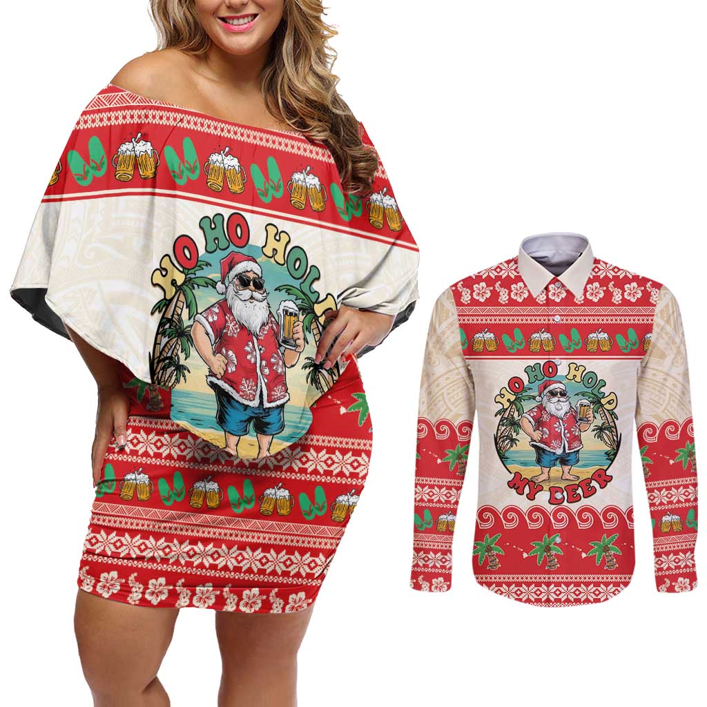 Mele Kalikimaka Hawaii Couples Matching Off Shoulder Short Dress and Long Sleeve Button Shirt Funny Beer-Loving Santa Hawaiian Tropical LT14 Red - Polynesian Pride