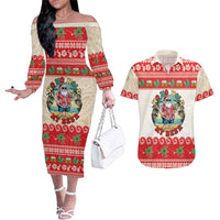 Mele Kalikimaka Hawaii Couples Matching Off The Shoulder Long Sleeve Dress and Hawaiian Shirt Funny Beer-Loving Santa Hawaiian Tropical LT14 Red - Polynesian Pride